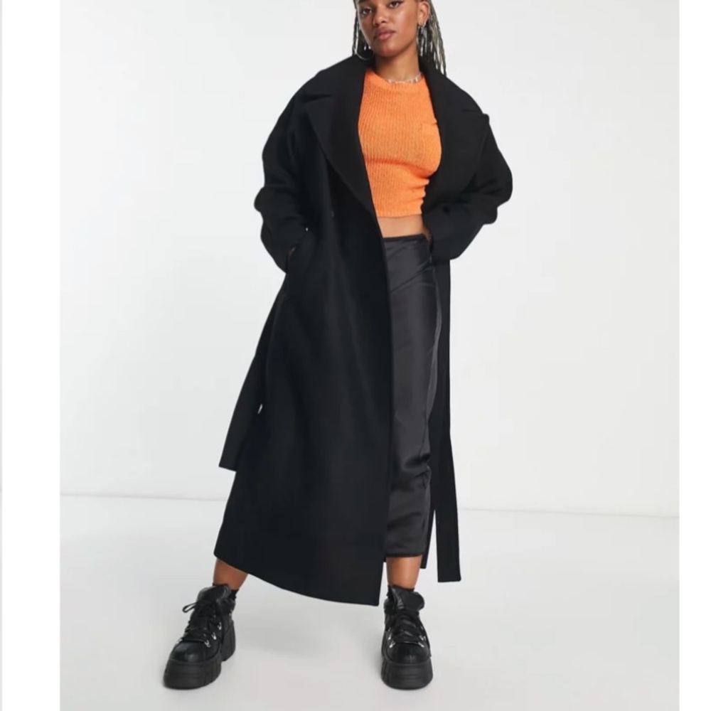 ASOS Weekday Kia oversized coat with tie waist detail in black
